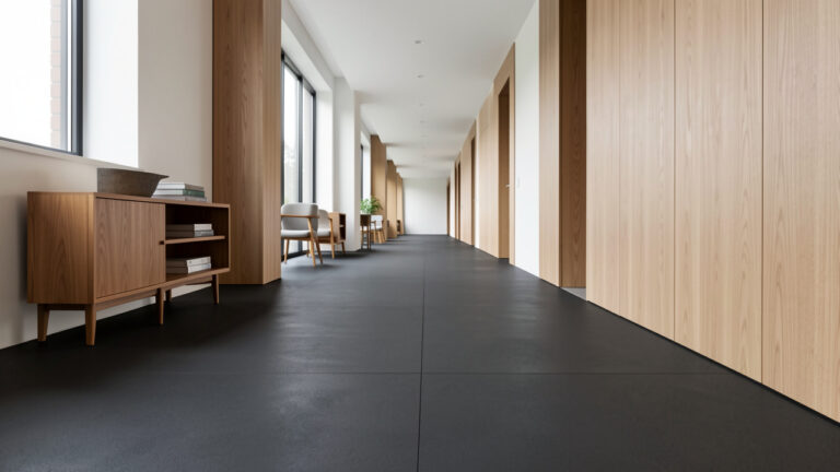 Sol en caoutchouc durable dans un couloir contemporain très fréquenté, avec un mobilier aux tons bois.