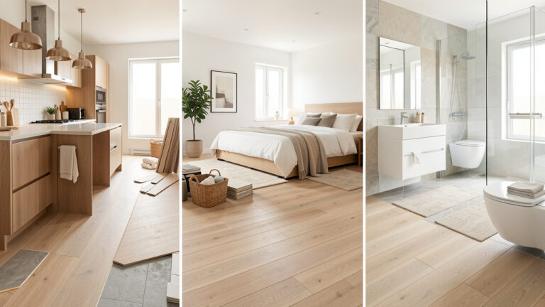 Sol en PVC résistant et facile à poser dans un intérieur moderne, avec différentes finitions adaptées à plusieurs pièces de la maison.