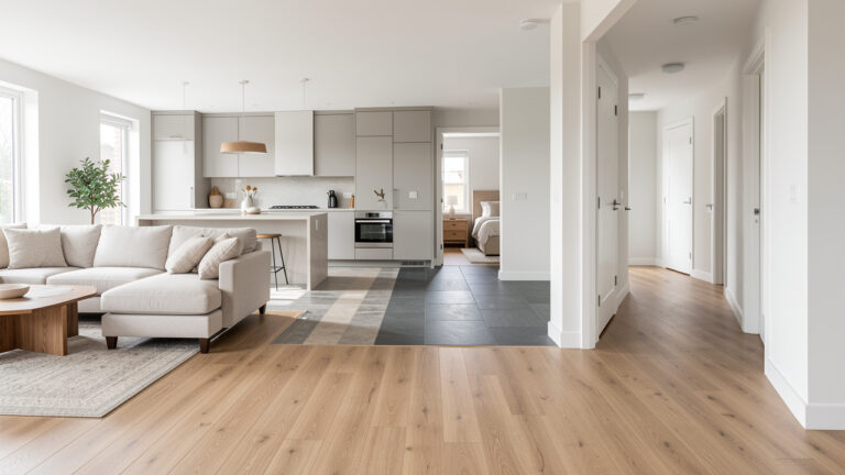 Intérieur contemporain montrant un sol stratifié aux décors bois et pierre dans plusieurs pièces lumineuses de la maison.