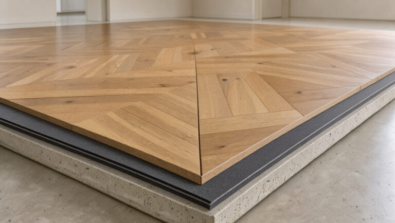 Vue en coupe d’un parquet en bois posé sur une sous-couche acoustique, illustrant les différentes couches et la qualité de la pose.