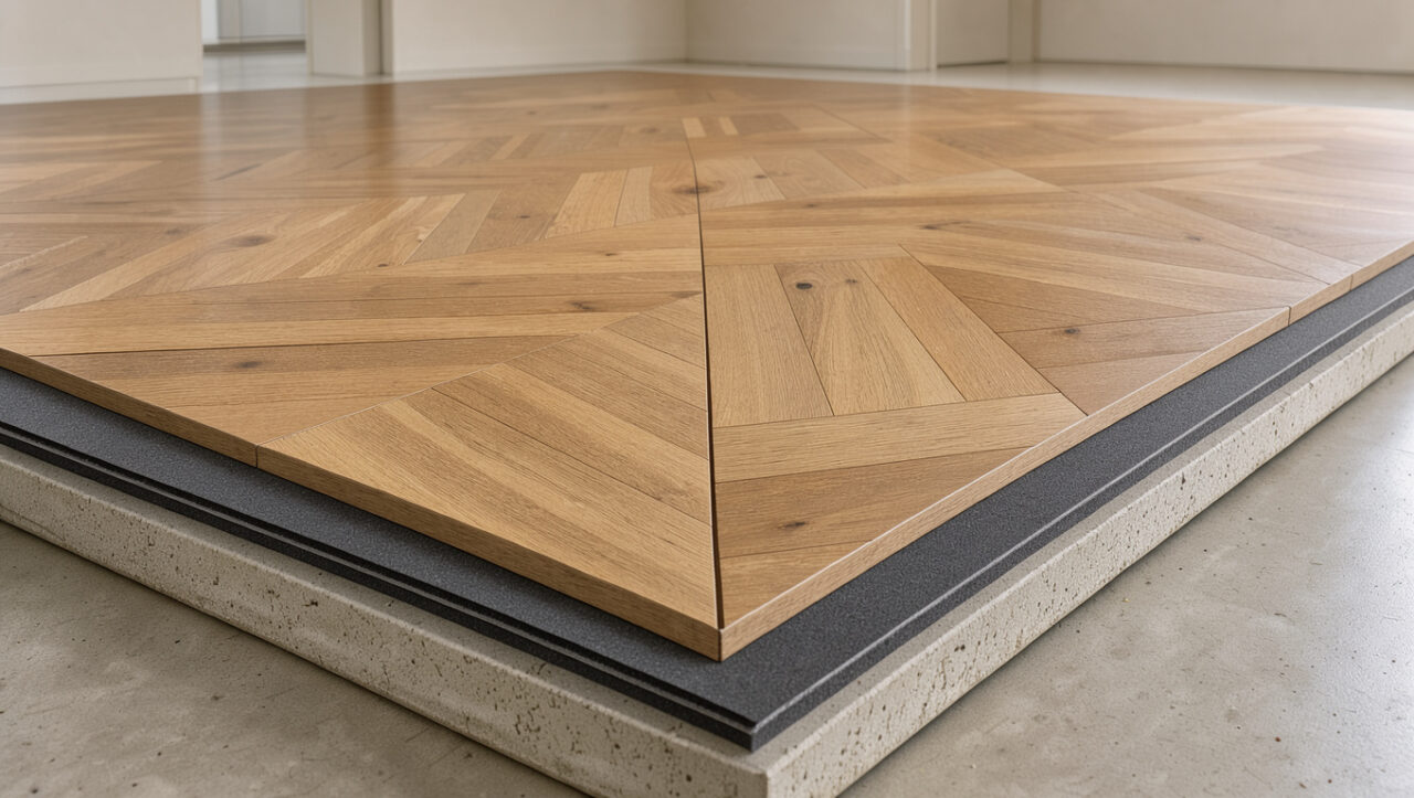 Vue en coupe d’un parquet en bois posé sur une sous-couche acoustique, illustrant les différentes couches et la qualité de la pose.