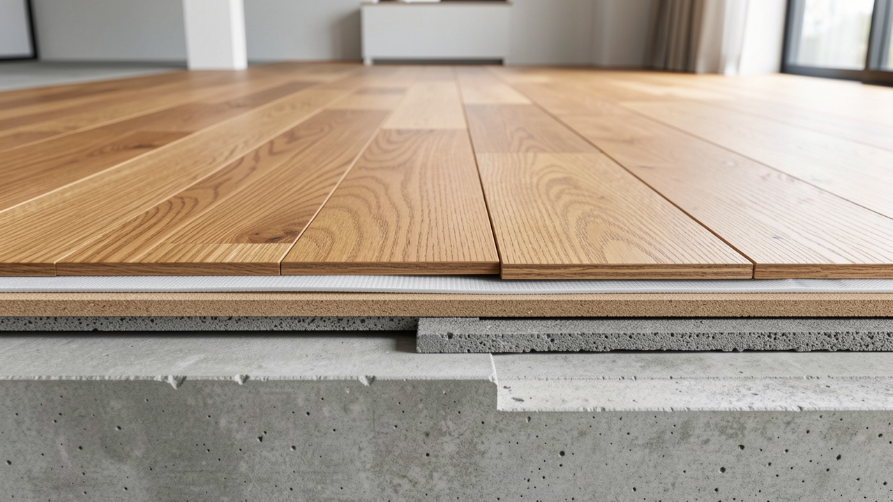 Vue en coupe d’un parquet avec sous-couche acoustique, barrière contre l’humidité et support en béton compatible.