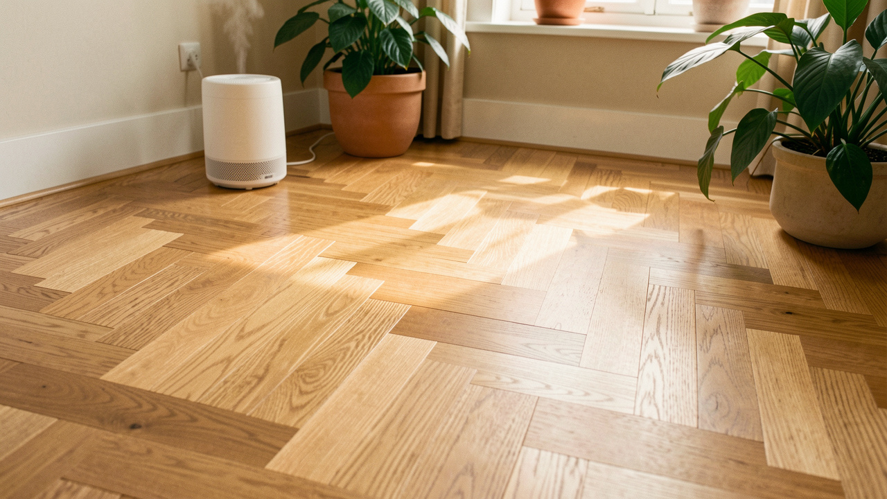 Parquet en chêne bien entretenu dans un intérieur lumineux, avec des plantes vertes et un humidificateur discret évoquant un taux d’humidité équilibré.