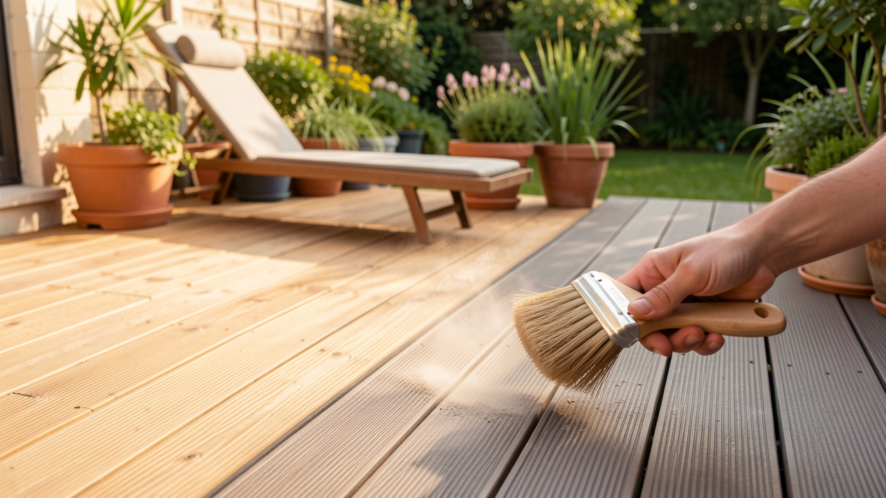 Terrasse en bois comparant des lames en bois naturel et en bois composite, avec mise en scène de l’entretien et de la durabilité.