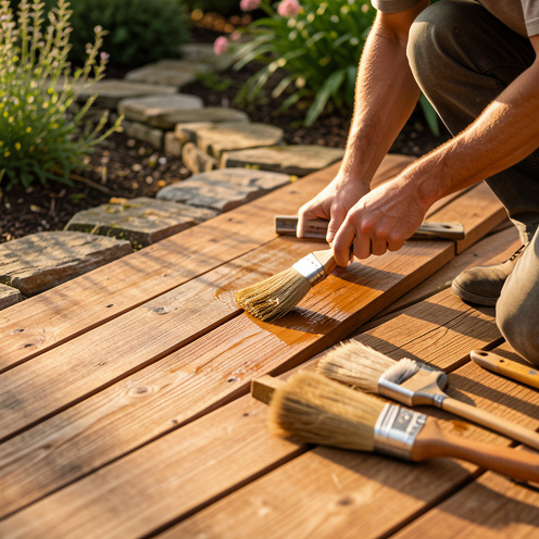 Terrasse en teck extérieure : pose de lames en bois, rénovation d’un ancien revêtement et application d’une huile protectrice, dans une ambiance de jardin au soleil de fin d’après-midi.