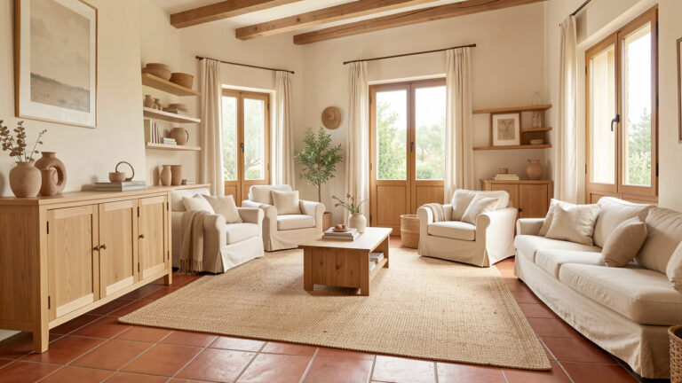Salon rénové au style méditerranéen avec un sol en tomettes anciennes, des meubles en bois clair, des textiles doux et un aménagement chaleureux et facile à entretenir.