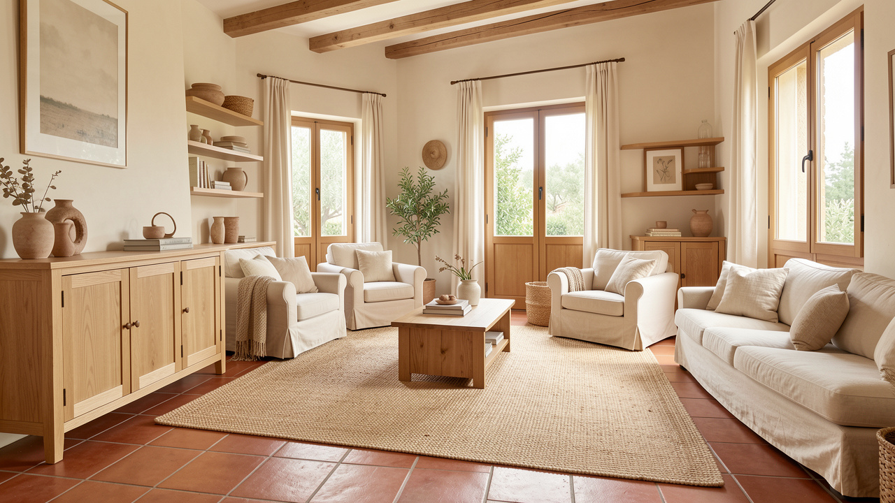 Salon rénové au style méditerranéen avec un sol en tomettes anciennes, des meubles en bois clair, des textiles doux et un aménagement chaleureux et facile à entretenir.