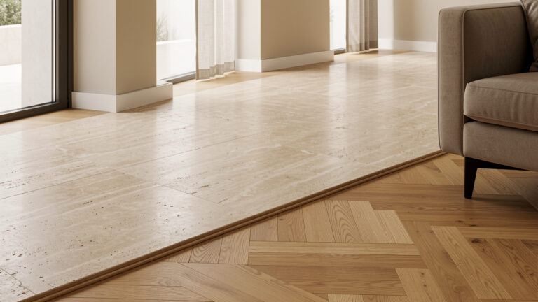 Intérieur contemporain montrant une transition élégante entre un sol en travertin beige et un parquet en chêne chaleureux.