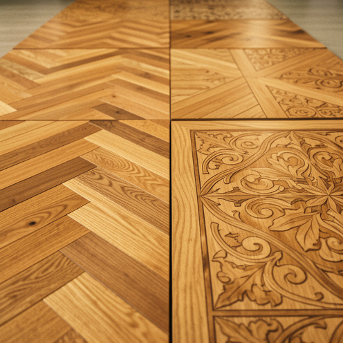 Vues rapprochées de plusieurs types de pose de parquet : bâton rompu, anglaise, française et motifs classiques, montrant les textures et les motifs du bois dans un showroom.