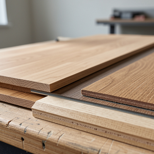 Quatre échantillons de parquet sur un établi : parquet massif, contrecollé, stratifié et parquet clipsable, avec texture et veines du bois bien visibles.