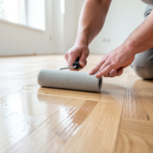 Mise en vitrifcation d’un parquet en bois : application d’un vernis au rouleau, texture du bois et rendu brillant dans une pièce rénovée.